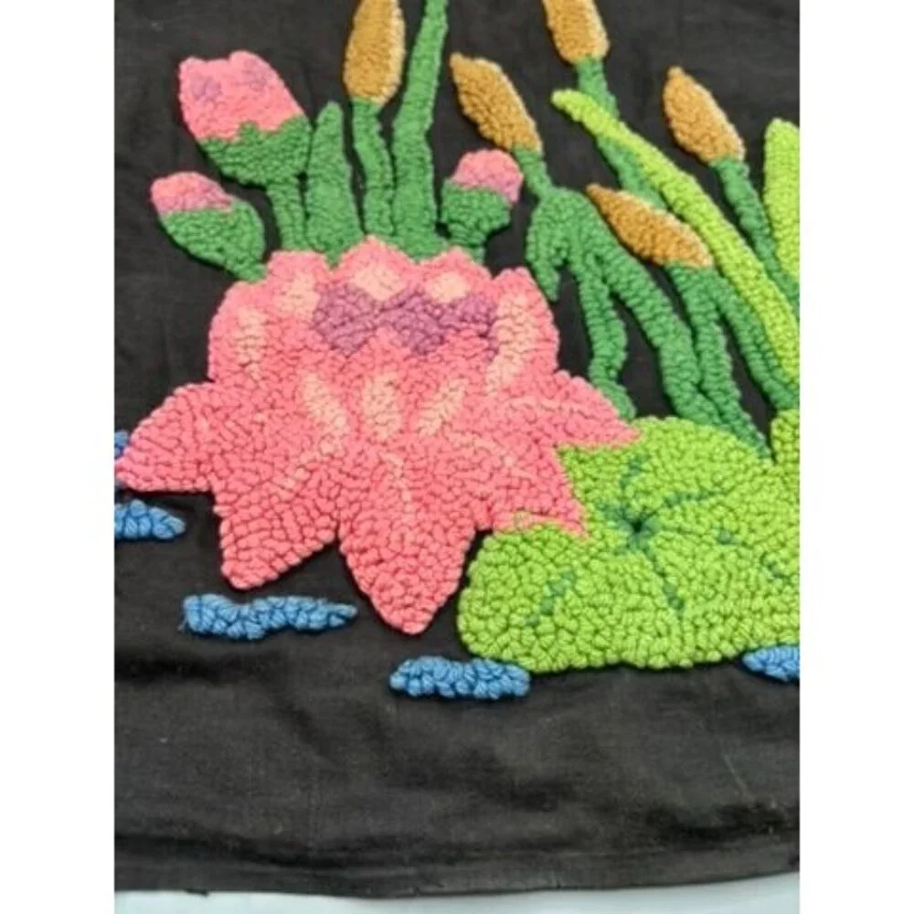 Vtg 2 Pc Handmade Punched Black Pillow Covers Colorful Floral‎